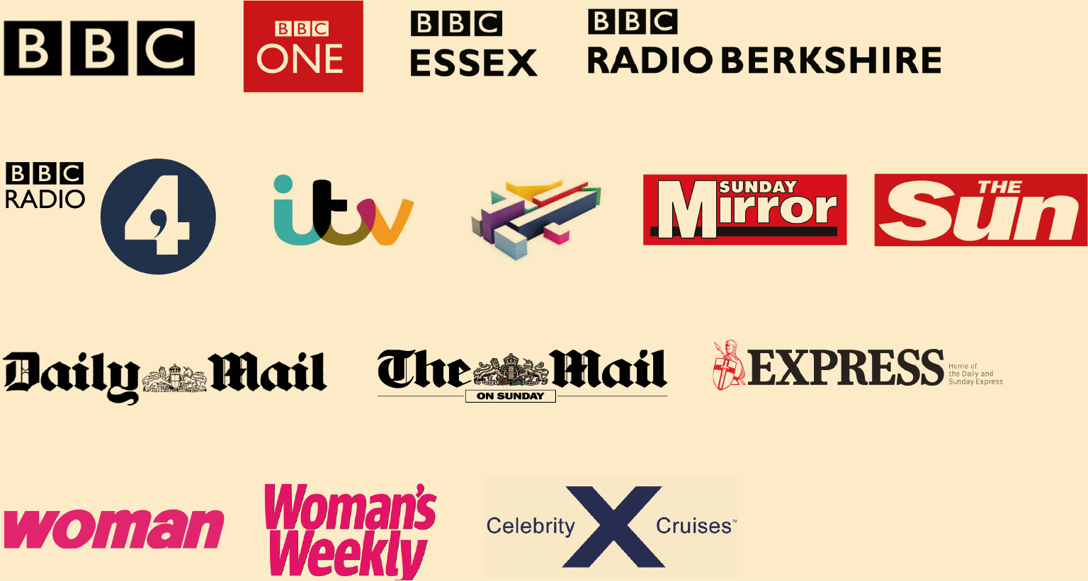 BBC, BBC One, BBC Essex, BBC Radio Berkshire, BBC Radio 4, itv, Channel 4, Sunday Mirror, The Sun, Daily Mail, The Mail On Sunday, Express, woman, Woman's Weekly, Celebrity Cruises