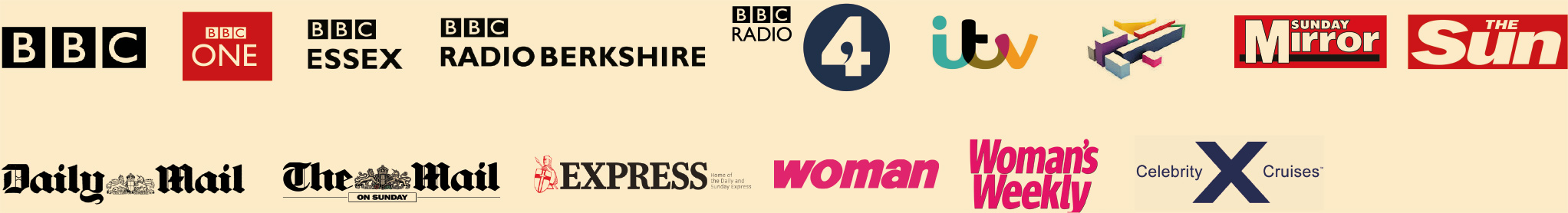 BBC, BBC One, BBC Essex, BBC Radio Berkshire, BBC Radio 4, itv, Channel 4, Sunday Mirror, The Sun, Daily Mail, The Mail On Sunday, Express, woman, Woman's Weekly, Celebrity Cruises